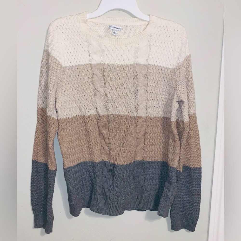 Croft & Barrow Colorblock Cable Knit Sweater White Brown Gray